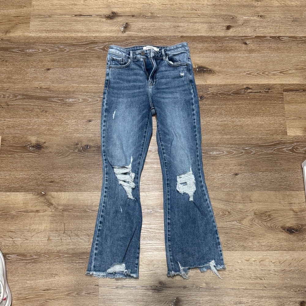 Mid-Rise Distressed Cropped Flare Jeans - Blue